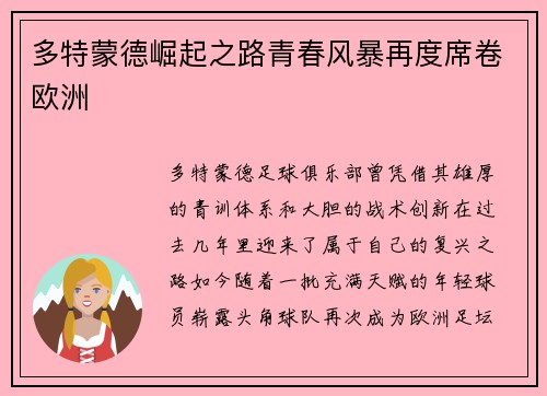 多特蒙德崛起之路青春风暴再度席卷欧洲
